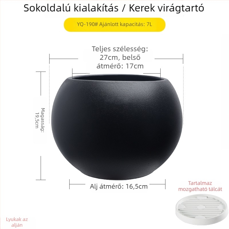 Nagy méretű gömb alakú műgyanta virágcserép nappaliba, minimalistikus luxus stílusú, fekete gyémánt effektus