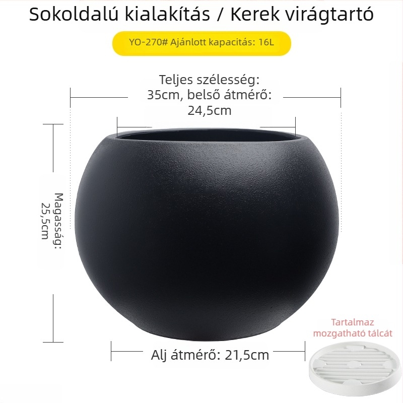Nagy méretű gömb alakú műgyanta virágcserép nappaliba, minimalistikus luxus stílusú, fekete gyémánt effektus