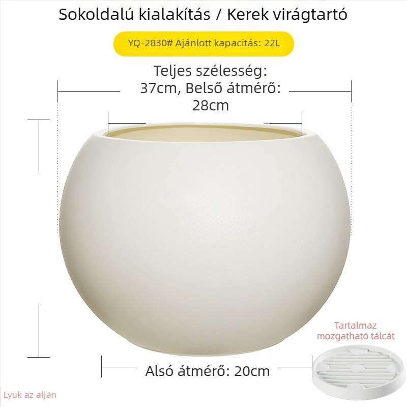 Nagy méretű gömb alakú műgyanta virágcserép nappaliba, minimalistikus luxus stílusú, fekete gyémánt effektus