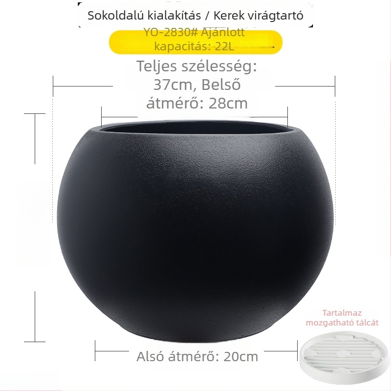 Nagy méretű gömb alakú műgyanta virágcserép nappaliba, minimalistikus luxus stílusú, fekete gyémánt effektus