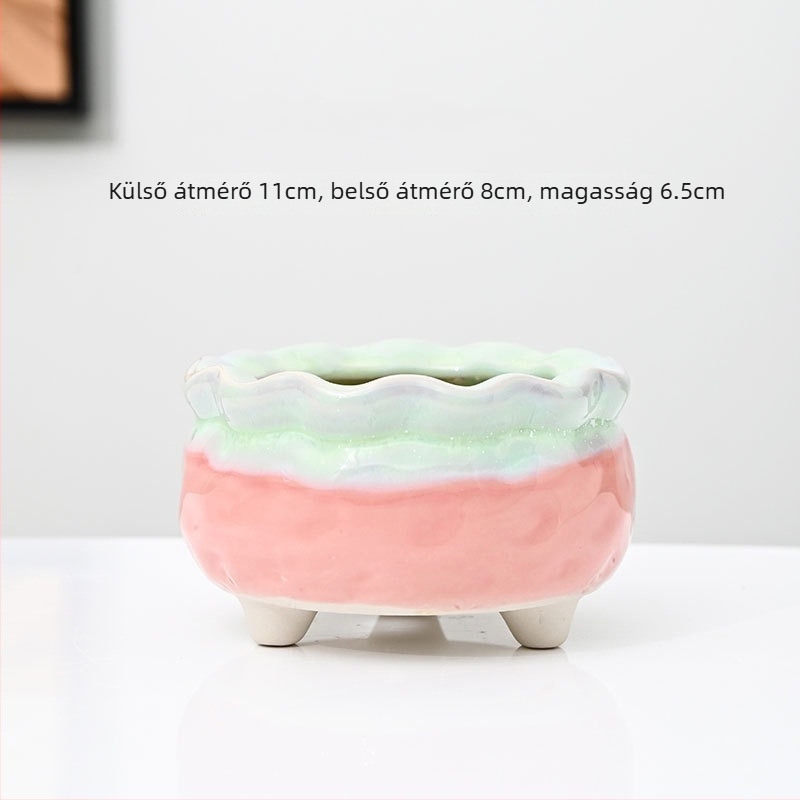 Kerámiás kaspó pozsgás növényekhez jégrepedés mintázattal, légáteresztő agyagból, gyökérzáró funkcióval, kis idős szárú pozsgások számára, edény és tálca