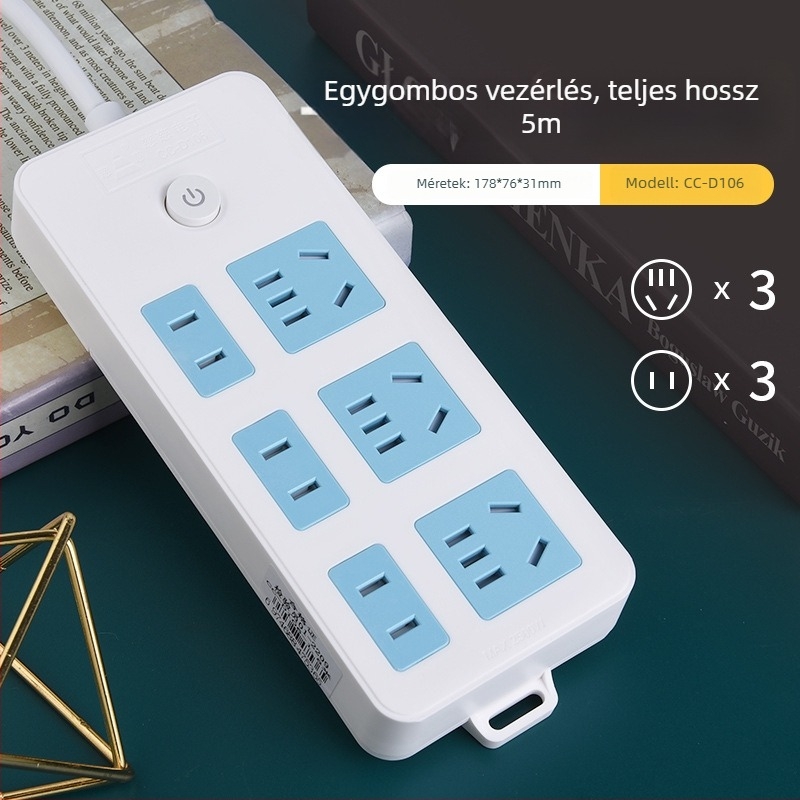 Többcélú konnektor panel hosszú zsinórral, otthoni és kollégiumi használatra
