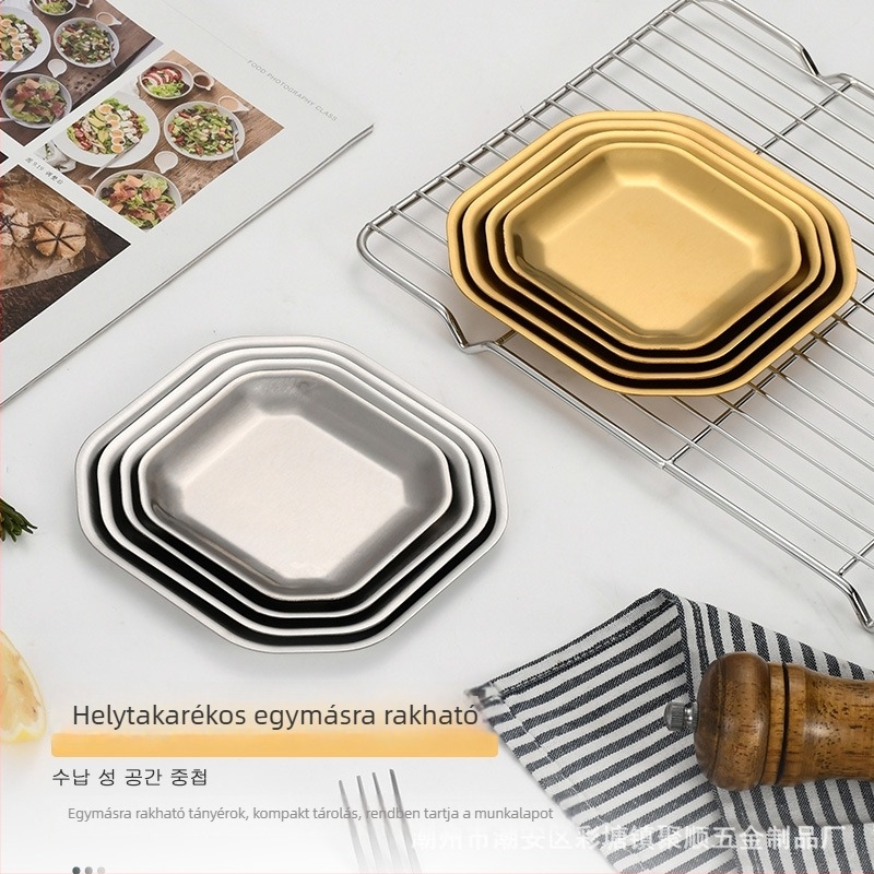 304 rozsdamentes acél, nyolcszögletű és négyzet alakú snack tál, koreai stílusú éttermi használatra; kimchi tál, hideg tál, csonttál