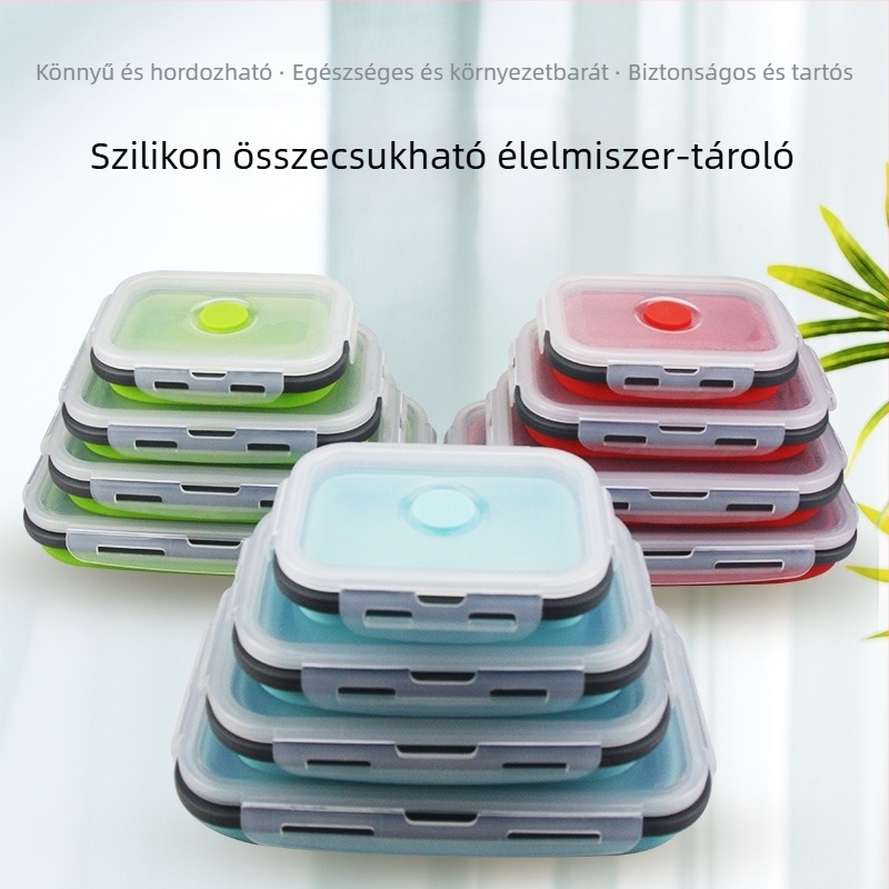 Szilikon ebédes doboz készlet, összecsukható, mikrohullámú sütőben használható, hűtőben tárolható és frissesség megőrzése