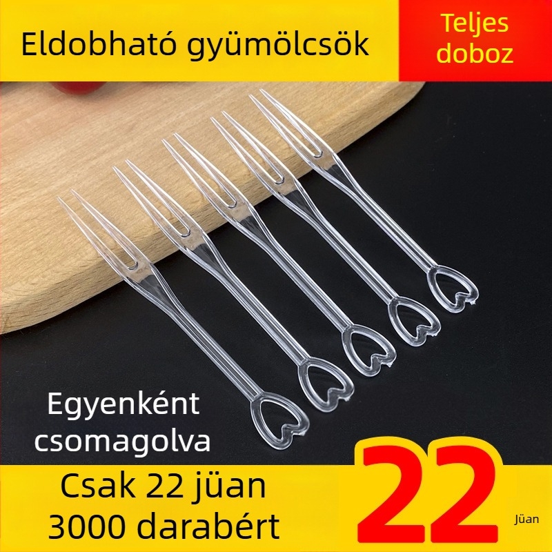 Egyszer használatos gyümölcsvilla, szív alakú, egyenként csomagolt, átlátszó műanyagból, karaoke használatra, 3000 darabos nagykereskedelmi tétel