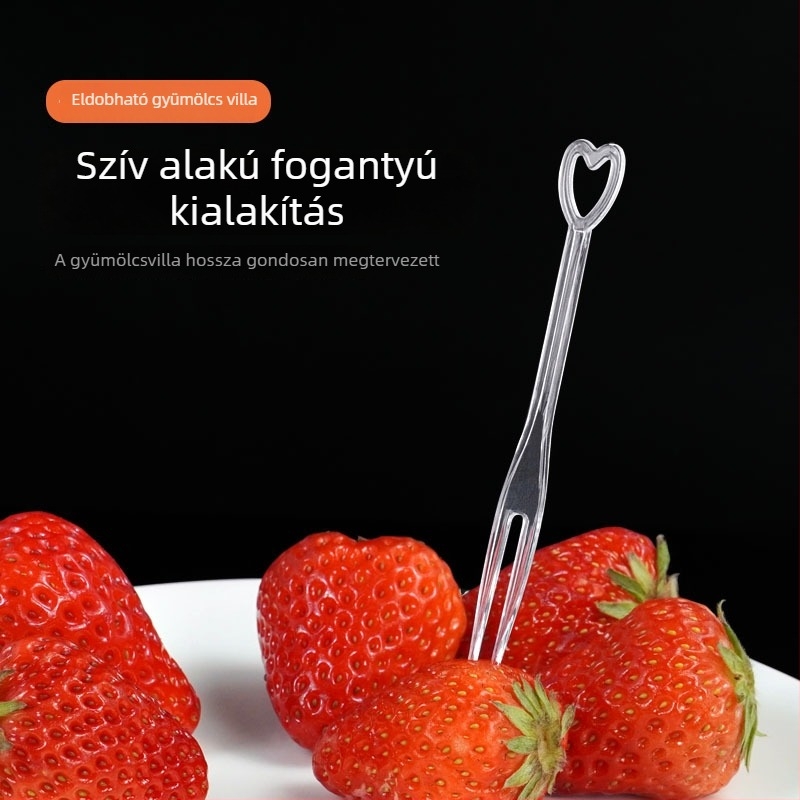 Egyszer használatos gyümölcsvilla, szív alakú, egyenként csomagolt, átlátszó műanyagból, karaoke használatra, 3000 darabos nagykereskedelmi tétel