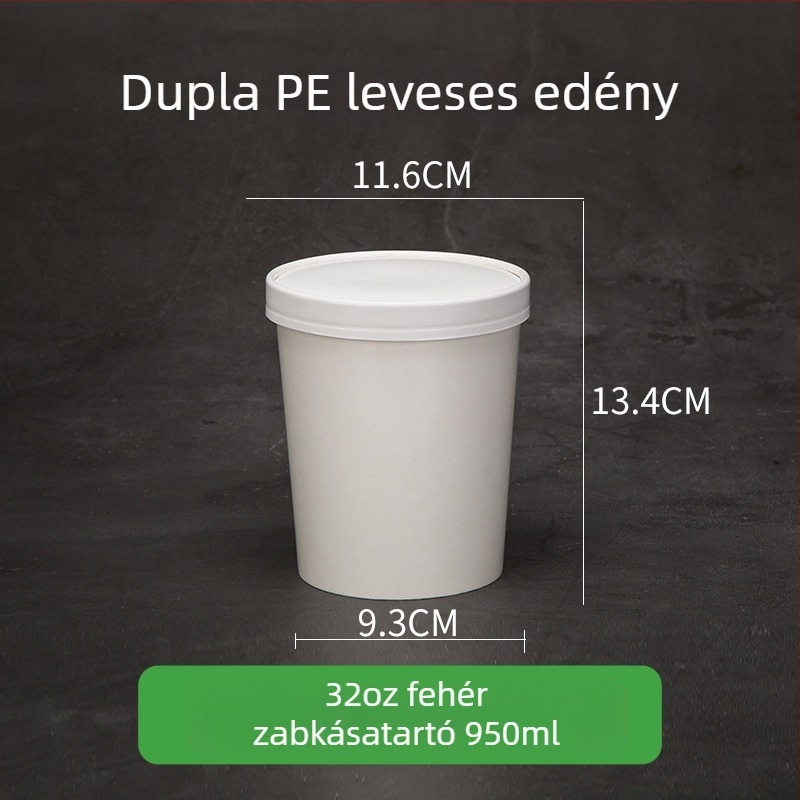 Kraftpapírból készült egyszer használatos leves- és zabkása pohár, kör alakú takeaway doboz – fehér