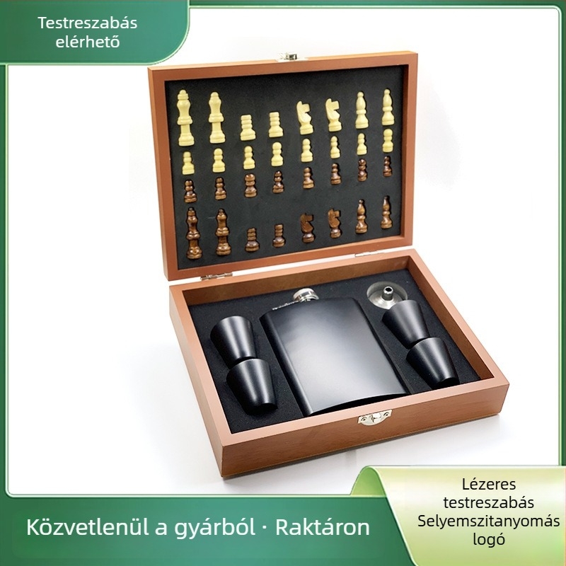 304 hordozható rozsdamentes acél flaska bőrrel díszített ajándékcsomagban — mini fém borosüveg, tartalmaz tölcsért és borospoharat