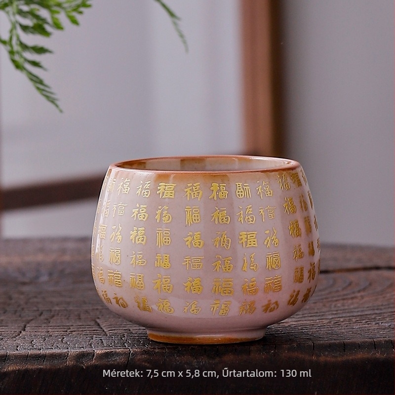 Dehua Ge kiln porcelán teáscsésze Jianzhan stílusban, Szív Sutra és a Nagy Irgalom Mantrája arany díszítéssel