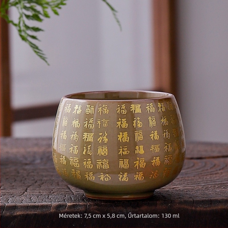 Dehua Ge kiln porcelán teáscsésze Jianzhan stílusban, Szív Sutra és a Nagy Irgalom Mantrája arany díszítéssel