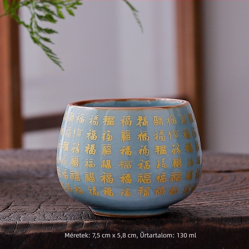 Dehua Ge kiln porcelán teáscsésze Jianzhan stílusban, Szív Sutra és a Nagy Irgalom Mantrája arany díszítéssel