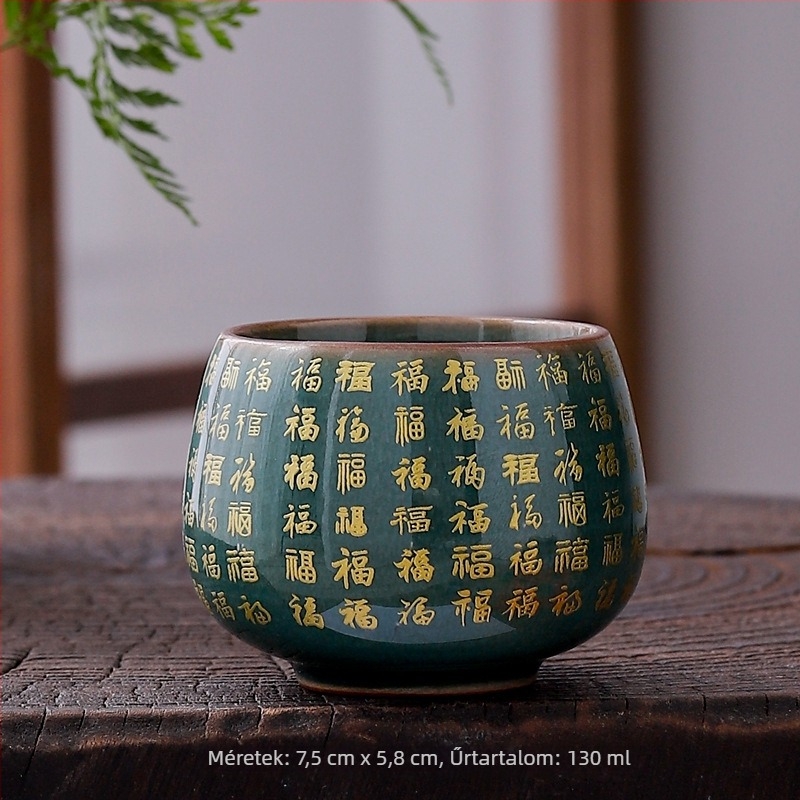 Dehua Ge kiln porcelán teáscsésze Jianzhan stílusban, Szív Sutra és a Nagy Irgalom Mantrája arany díszítéssel