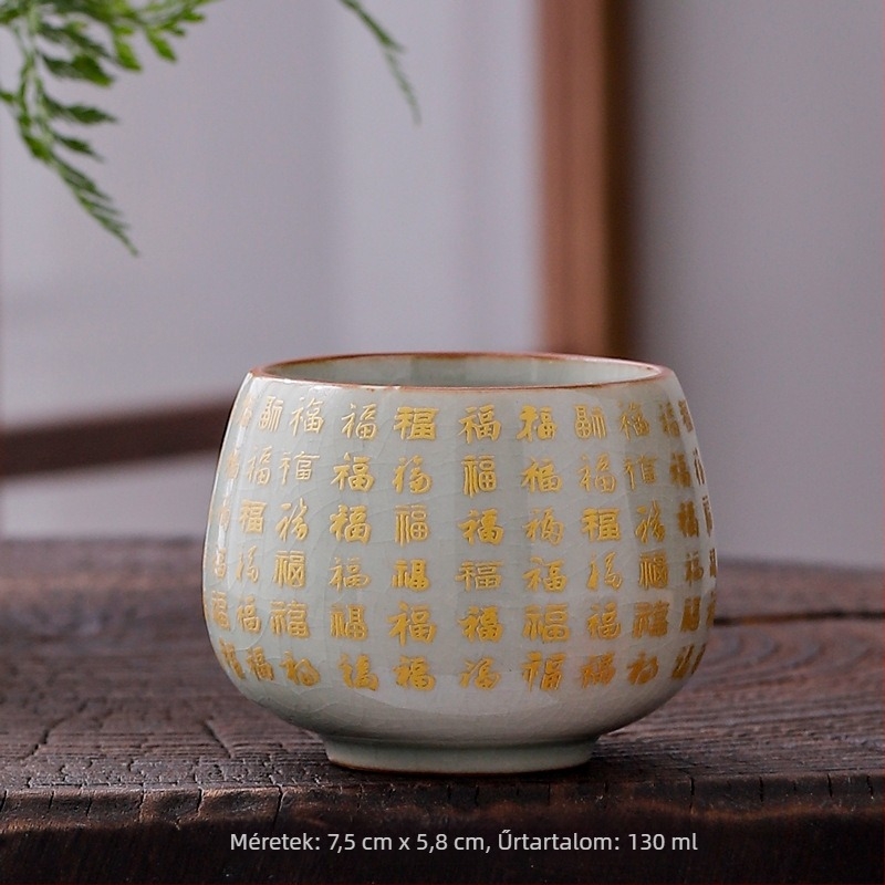 Dehua Ge kiln porcelán teáscsésze Jianzhan stílusban, Szív Sutra és a Nagy Irgalom Mantrája arany díszítéssel