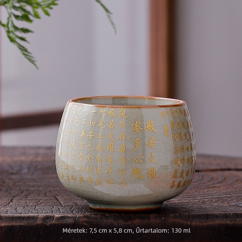 Dehua Ge kiln porcelán teáscsésze Jianzhan stílusban, Szív Sutra és a Nagy Irgalom Mantrája arany díszítéssel