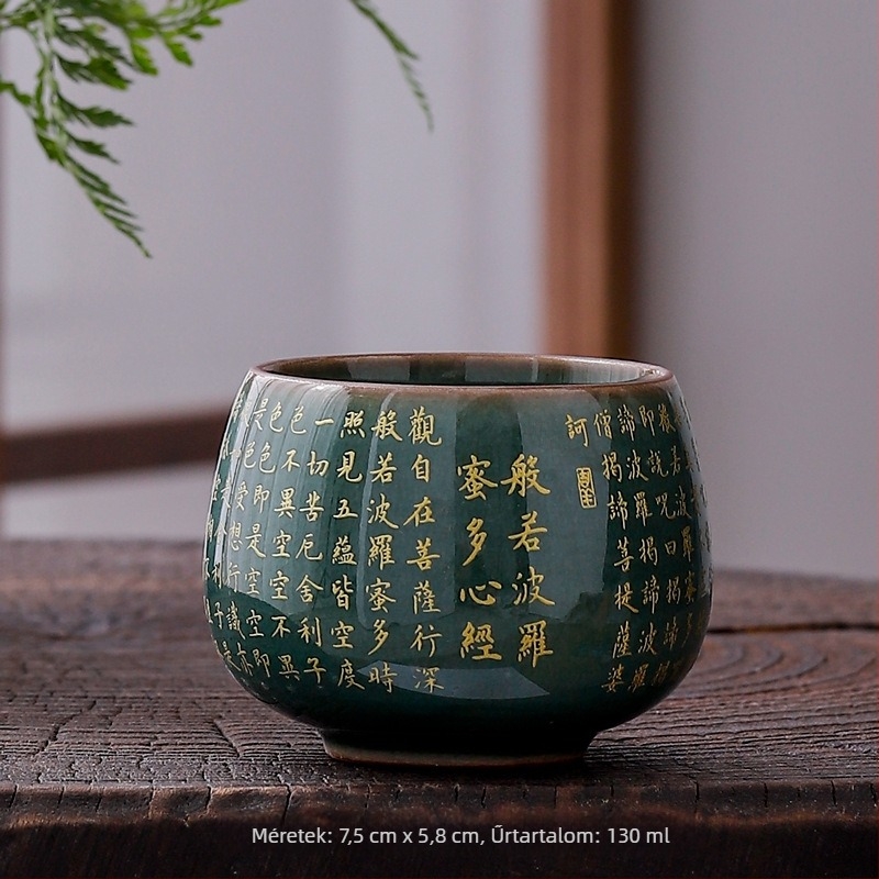 Dehua Ge kiln porcelán teáscsésze Jianzhan stílusban, Szív Sutra és a Nagy Irgalom Mantrája arany díszítéssel