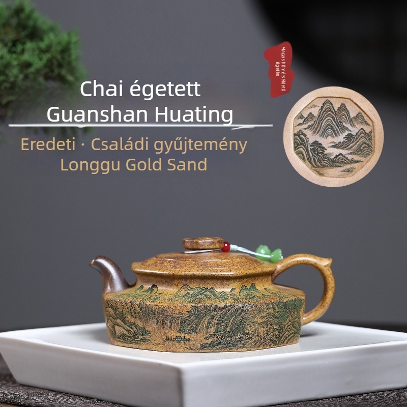 Yixing lila homok teáskanna, Dragon Bone Gold Sand, kézzel készített, magas hőmérsékletű faégetés, Guanshan gravírozás, Huating stílus