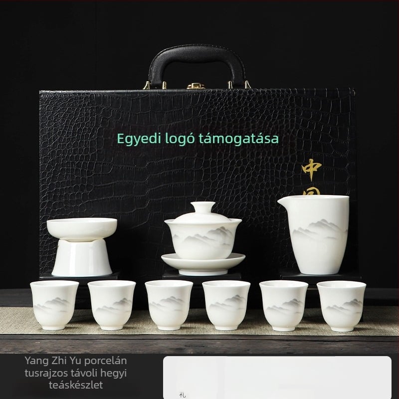 Fehér jáde teáskészlet tintás hegyi táj motívummal, fedeles tál, kung-fu teáskészlet otthonra, ajándékdobozban