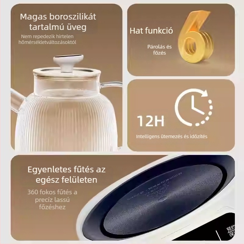 Hemisphere egészséges teáskanna, 1,5 l, üvegtest, virágtea készítő, érintéses vezérlés