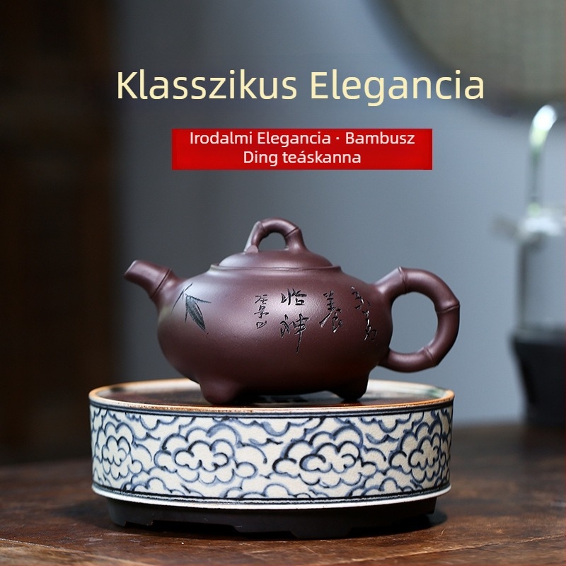 Lila agyag teáskanna mesteri kézi festésű gravírozással és bambusz gombos fedéllel