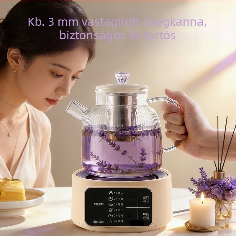 Üvegből készült egészségtudatos teáskanna virágos szűrővel, automata elektromos vízforraló otthonra vagy irodába