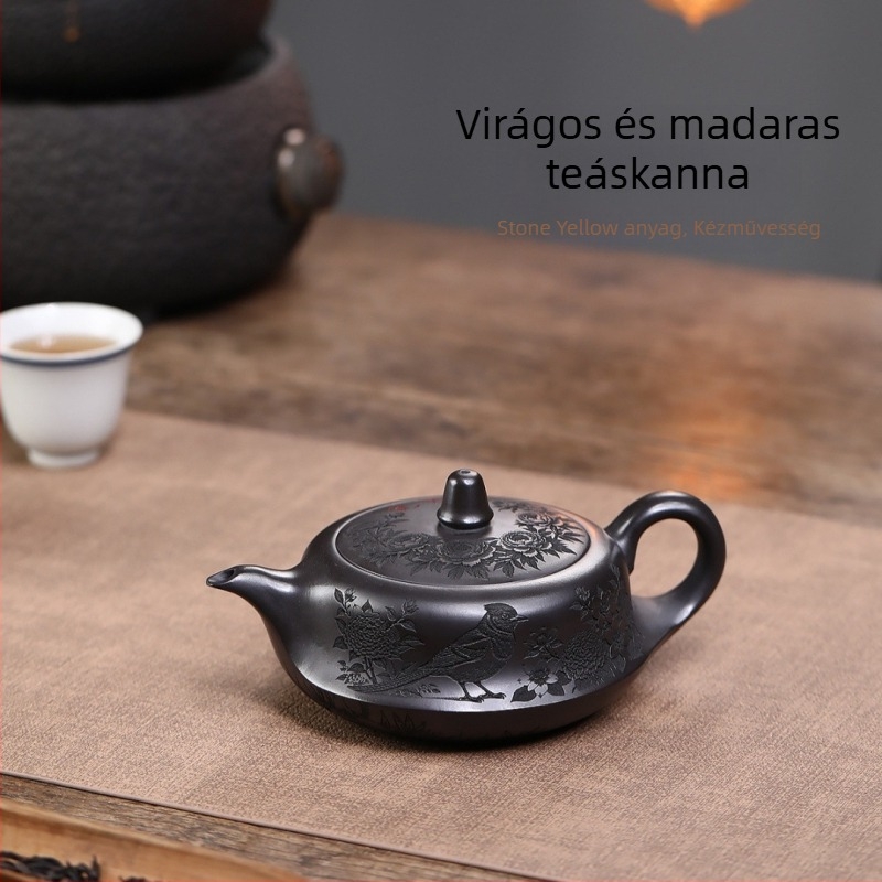 Virág- és madármotívumos görbe teáskanna, Yixing lila agyagból, kézműves kivitel, nagy kapacitás