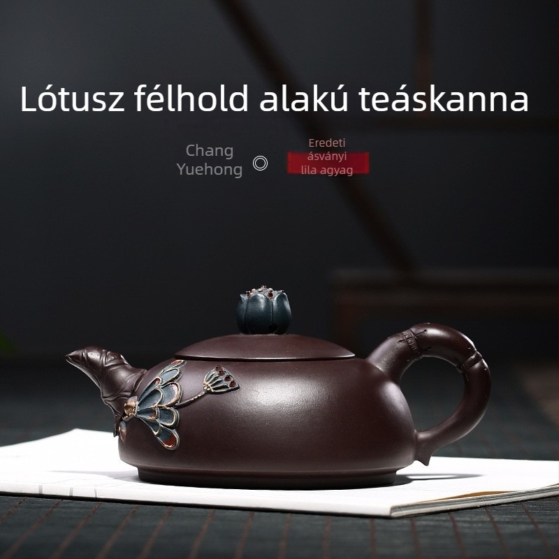 Lila agyag teáskanna lótusz-relief-del, félhold formájú, kézzel festett felülettel