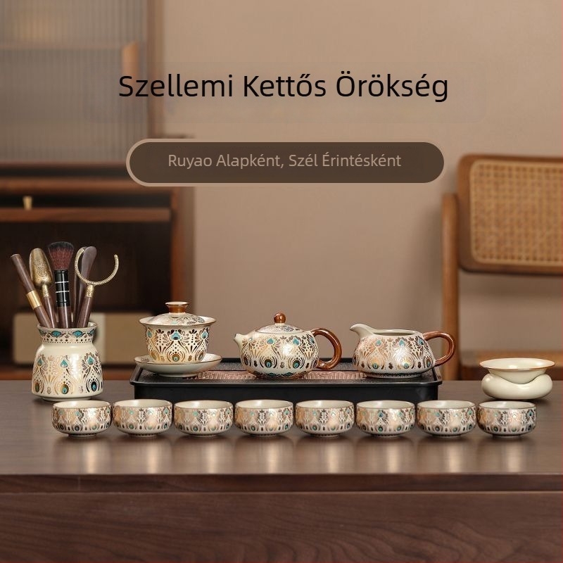 Ru Kiln Gongfu teáskészlet otthoni használatra, luxus kerámia teáskanna és teáscsészék, száraz tea tálca, teljes tea készlet