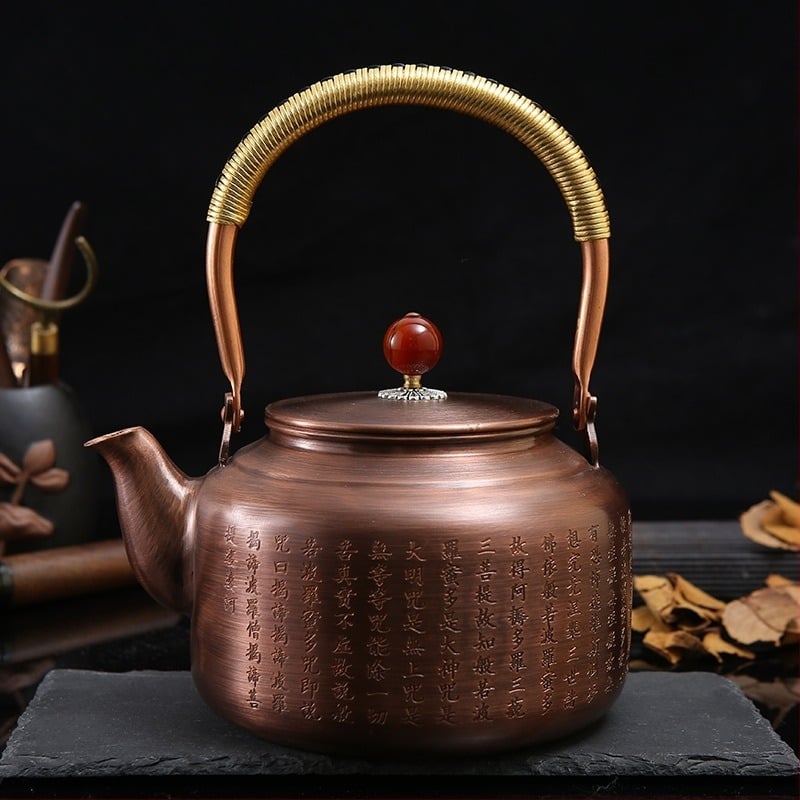 A Szív Szútrától inspirált réz teáskanna, vintage stílus, otthoni és irodai használatra, vízforraló funkcióval, zen design