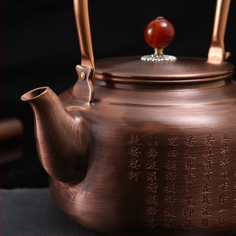 A Szív Szútrától inspirált réz teáskanna, vintage stílus, otthoni és irodai használatra, vízforraló funkcióval, zen design