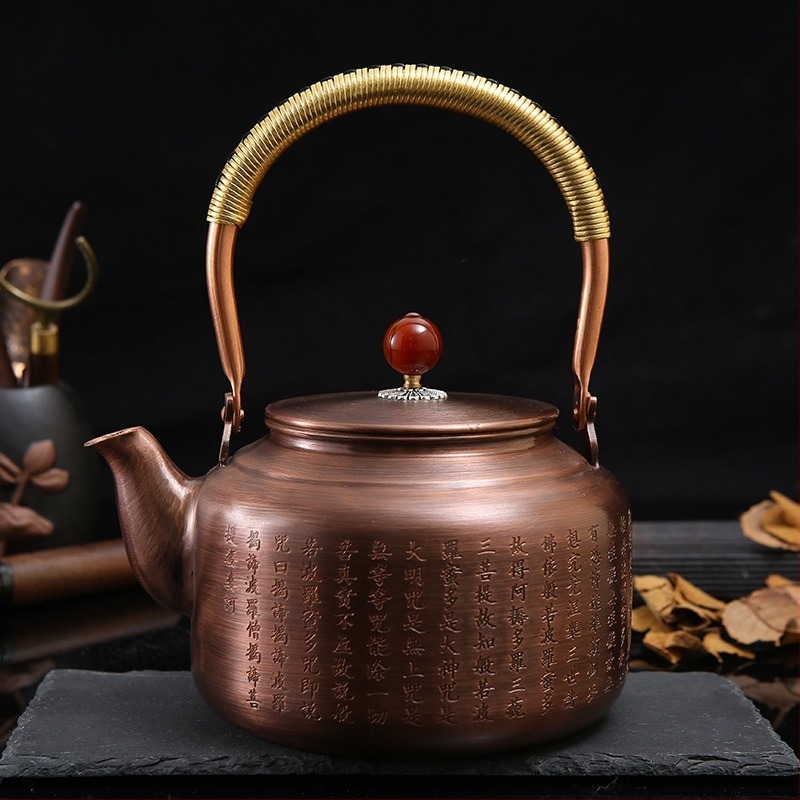 A Szív Szútrától inspirált réz teáskanna, vintage stílus, otthoni és irodai használatra, vízforraló funkcióval, zen design