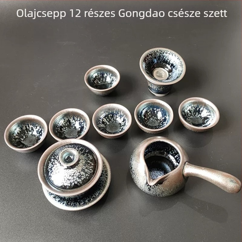 Jianyang Jianzhan Kung Fu teáskészlet: teáskanna, olajcseppes nyúl-fényű máz, száz virágos gaiwan, igazságos pohár és nagy teakeverő tál