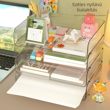 Asztali tároló doboz, többszintű, nagy nyílású, PET anyagból, A4-es papírok, irodai kellékek, játékok és könyvek számára