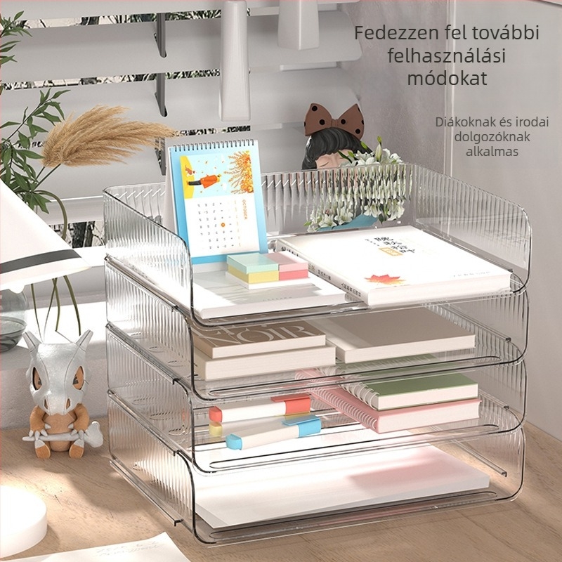 Asztali tároló doboz, többszintű, nagy nyílású, PET anyagból, A4-es papírok, irodai kellékek, játékok és könyvek számára