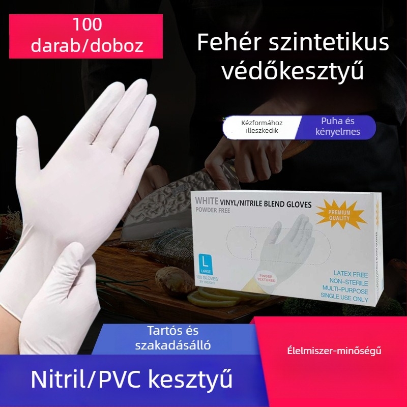 Egyszer használatos nitril kesztyűk, fehérek, megvastagítottak és tartósak, otthoni tisztításra, kozmetikai ápolásra, cateringre és élelmiszer-biztonságos használatra