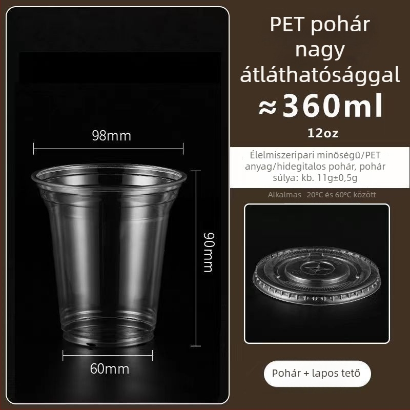 Műanyag teás pohár tejjel és fedővel, 98 mm átmérőjű, vastított és átlátszó, hideg italokhoz
