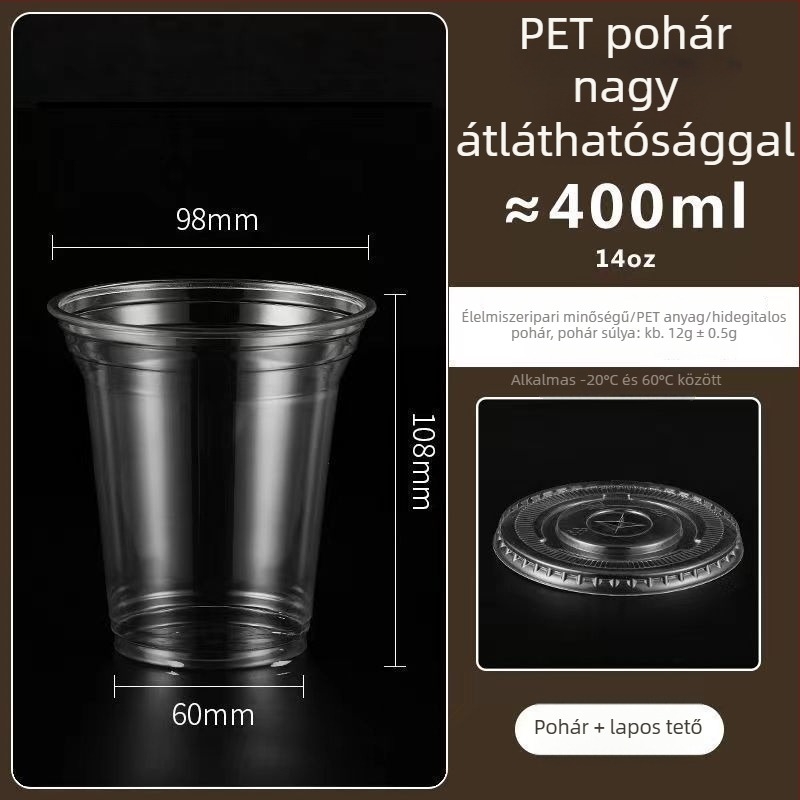 Műanyag teás pohár tejjel és fedővel, 98 mm átmérőjű, vastított és átlátszó, hideg italokhoz