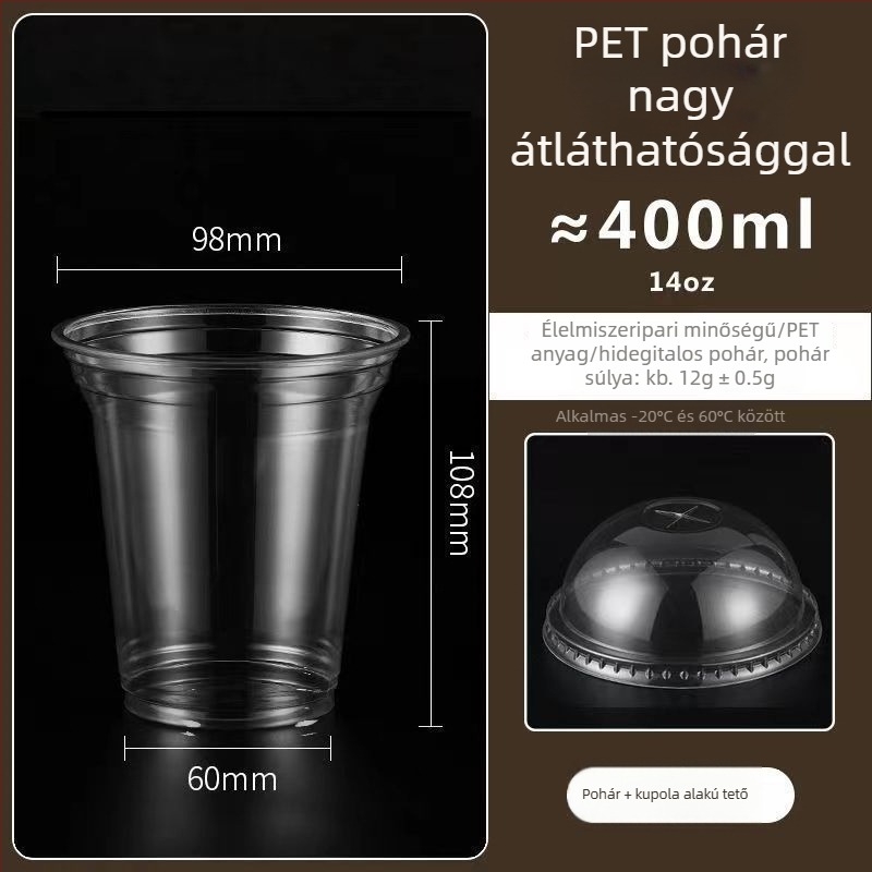 Műanyag teás pohár tejjel és fedővel, 98 mm átmérőjű, vastított és átlátszó, hideg italokhoz