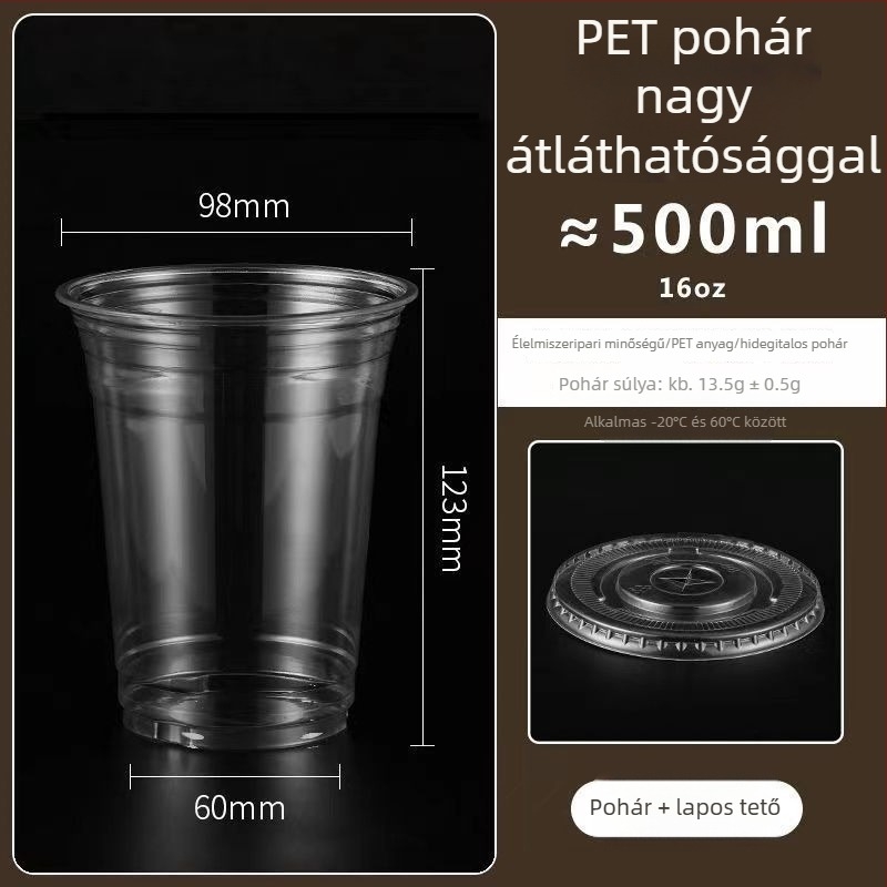 Műanyag teás pohár tejjel és fedővel, 98 mm átmérőjű, vastított és átlátszó, hideg italokhoz