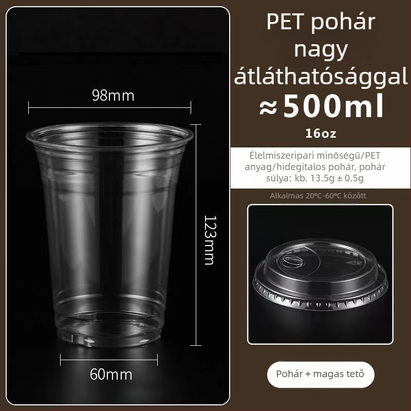 Műanyag teás pohár tejjel és fedővel, 98 mm átmérőjű, vastított és átlátszó, hideg italokhoz