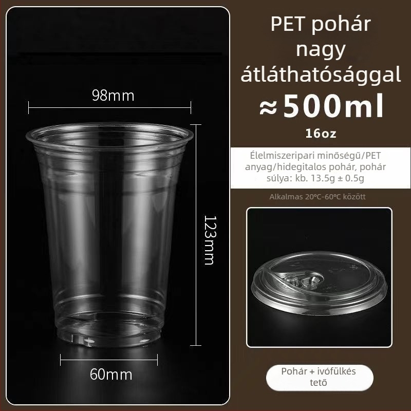 Műanyag teás pohár tejjel és fedővel, 98 mm átmérőjű, vastított és átlátszó, hideg italokhoz