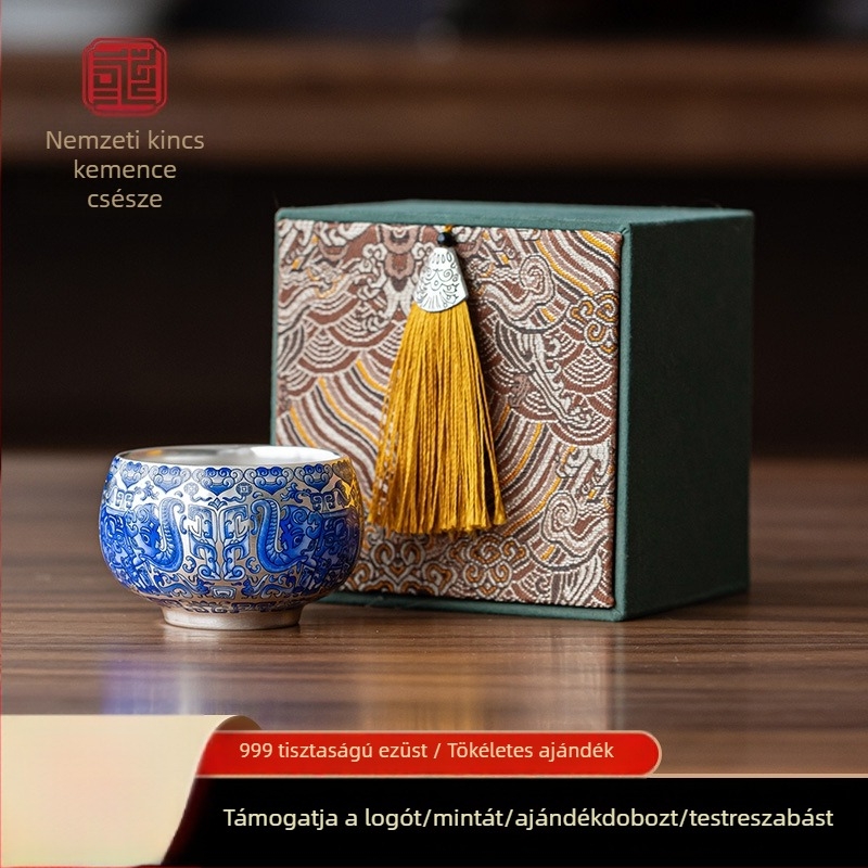 National Treasure Kiln teáscsésze ezüst bevonattal, luxus kerámia teáscsésze díszdobozban, személyre szabott logó