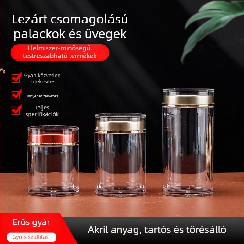 Átlátszó akril üveg goji bogyókhoz, dupla kupakkal, tárolás étrend-kiegészítőkhöz