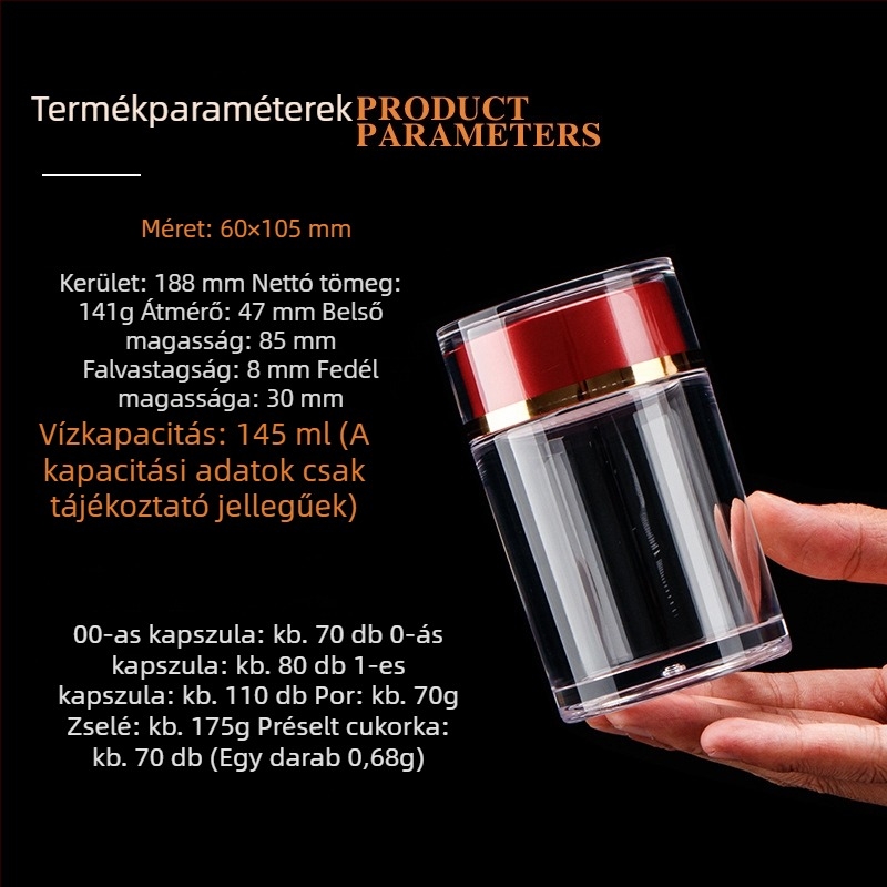 Átlátszó akril üveg goji bogyókhoz, dupla kupakkal, tárolás étrend-kiegészítőkhöz