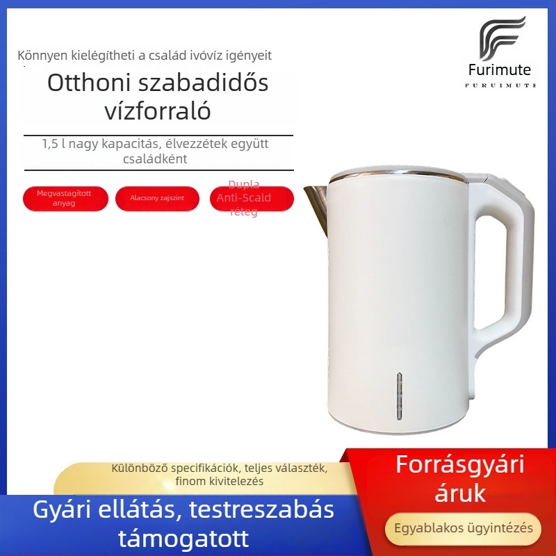 Fehér elektromos vízforraló integrált szigeteléssel, nagy kapacitású rozsdamentes acél konstrukció, 1,5 L, gyors felmelegítés irodai használatra