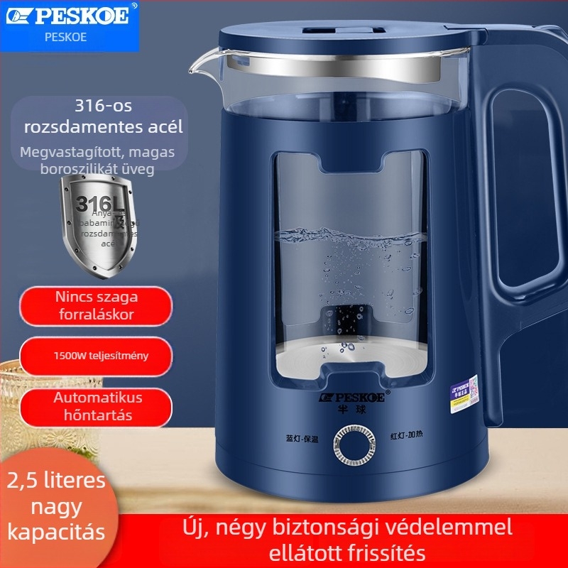 Üveg elektromos vízforraló, 2,5 literes kapacitás, dupla falú, átlátszó, automatikus kikapcsolás, melegen tartás, 1500 W, 360° alap, élelmiszer-minőségű PP burkolat