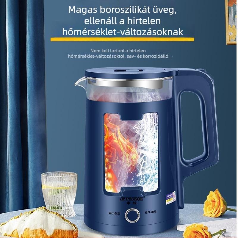 Üveg elektromos vízforraló, 2,5 literes kapacitás, dupla falú, átlátszó, automatikus kikapcsolás, melegen tartás, 1500 W, 360° alap, élelmiszer-minőségű PP burkolat