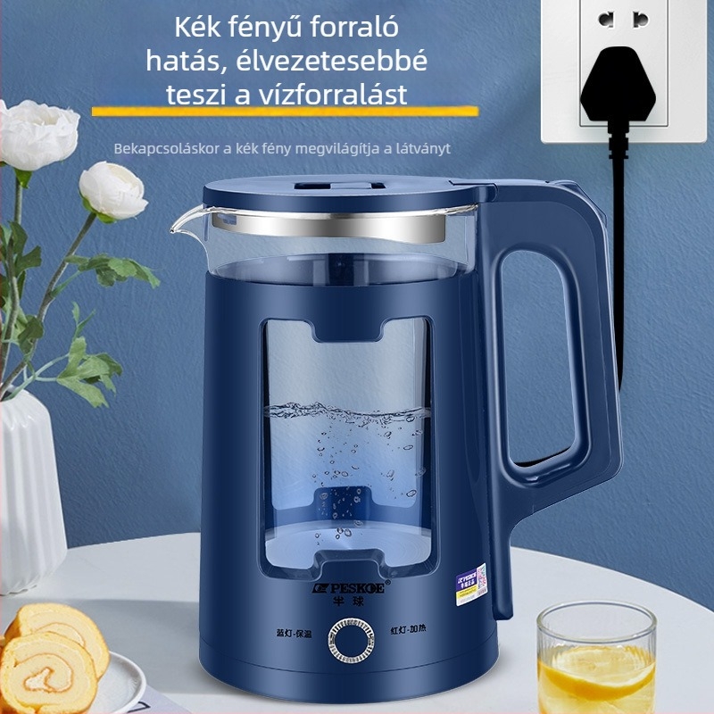 Üveg elektromos vízforraló, 2,5 literes kapacitás, dupla falú, átlátszó, automatikus kikapcsolás, melegen tartás, 1500 W, 360° alap, élelmiszer-minőségű PP burkolat