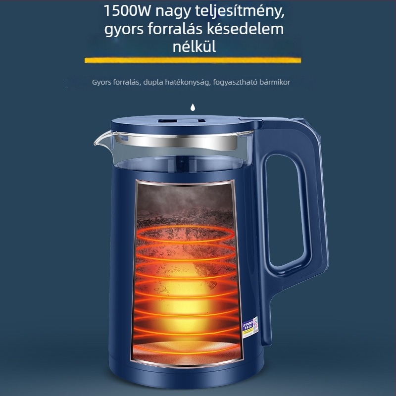 Üveg elektromos vízforraló, 2,5 literes kapacitás, dupla falú, átlátszó, automatikus kikapcsolás, melegen tartás, 1500 W, 360° alap, élelmiszer-minőségű PP burkolat