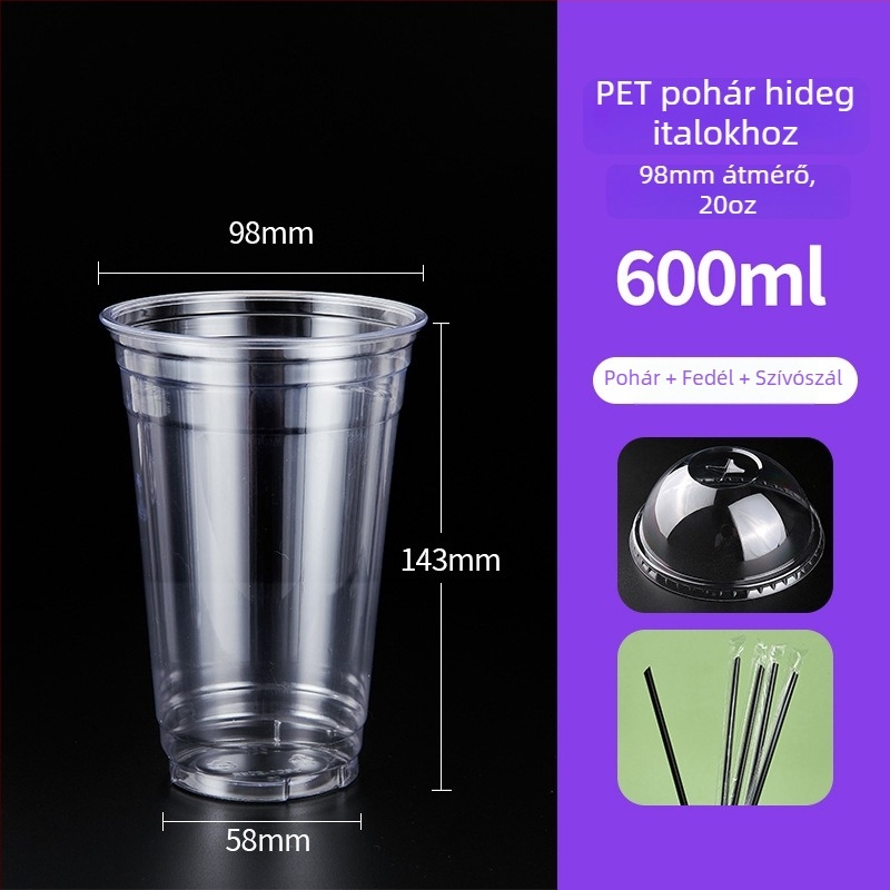 600 ml PET műanyag pohár fedővel, hideg italokhoz (tej-tea és kávé), egyszer használatos, kereskedelmi felhasználás, átmérő 98 mm