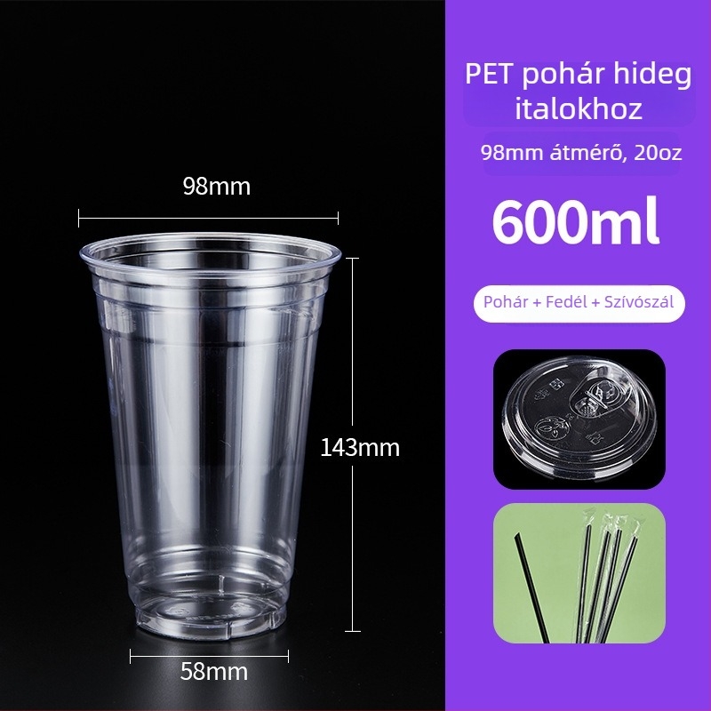 600 ml PET műanyag pohár fedővel, hideg italokhoz (tej-tea és kávé), egyszer használatos, kereskedelmi felhasználás, átmérő 98 mm